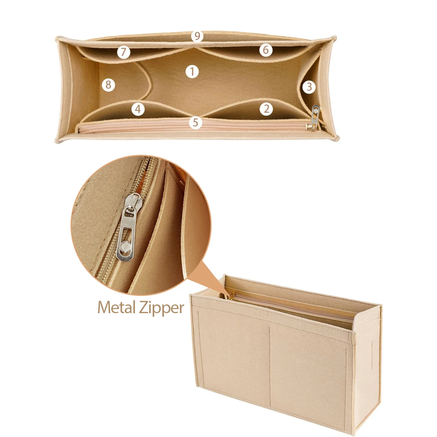 Felt Tote Bag Organizer Insert with Zipper - Image 3